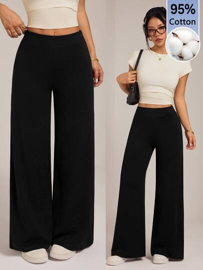 SHEIN PETITE Women's Solid Straight Leg Pants Lounge Black Casual Basic,High Cotton Wide Leg Pants,Suitable For Work,Daily Outings And School,Autumn/Winter,Petite
