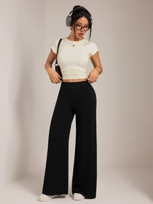 SHEIN PETITE 女款純色直筒休閒長褲 黑色基礎款，高棉寬腿褲，適合上班、日常外出與學校，秋冬穿著，小個子版 - 黑色 - 查看 6