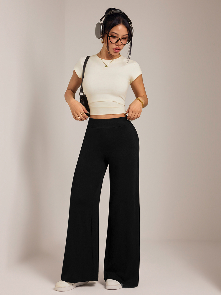 SHEIN PETITE Women's Solid Straight Leg Pants Lounge Black Casual Basic,High Cotton Wide Leg Pants,Suitable For Work,Daily Outings And School,Autumn/Winter,Petite - Black - View 6