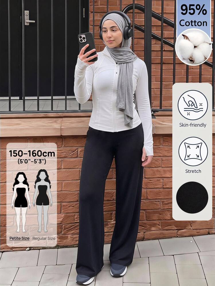 SHEIN PETITE Women's Solid Straight Leg Pants Lounge Black Casual Basic,High Cotton Wide Leg Pants,Suitable For Work,Daily Outings And School,Autumn/Winter,Petite - Black - View 13