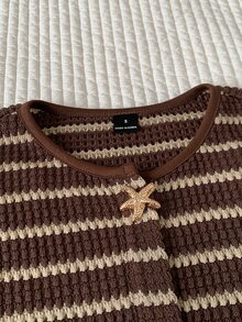 Comfortcana Plus Size Vacation Metal Starfish Button Striped Colorblock T-Shirt - Brown - View 8