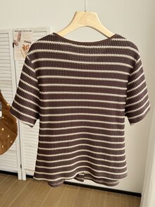 Comfortcana Plus Size Vacation Metal Starfish Button Striped Colorblock T-Shirt - Brown - View 2