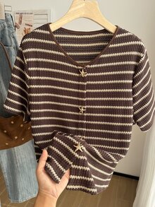 Comfortcana Plus Size Vacation Metal Starfish Button Striped Colorblock T-Shirt - Brown - View 6