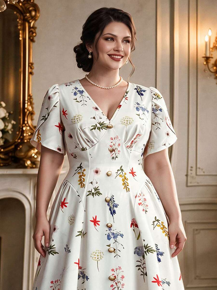 DreamSkyne Plus Size Women's Vintage French Style V-Neck Ditsy Floral Short Sleeve Dress - Multicolor - View 1