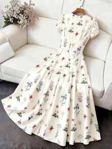 DreamSkyne Plus Size Women's Vintage French Style V-Neck Ditsy Floral Short Sleeve Dress - Multicolor - View 9