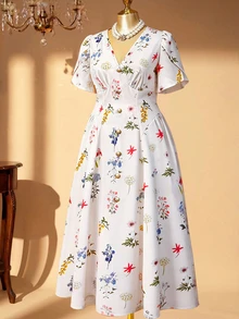 DreamSkyne Plus Size Women's Vintage French Style V-Neck Ditsy Floral Short Sleeve Dress - Multicolor - View 4