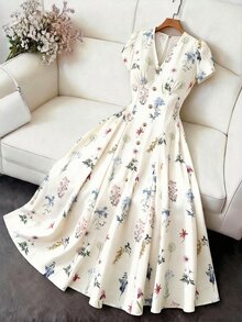 DreamSkyne Plus Size Women's Vintage French Style V-Neck Ditsy Floral Short Sleeve Dress - Multicolor - View 6