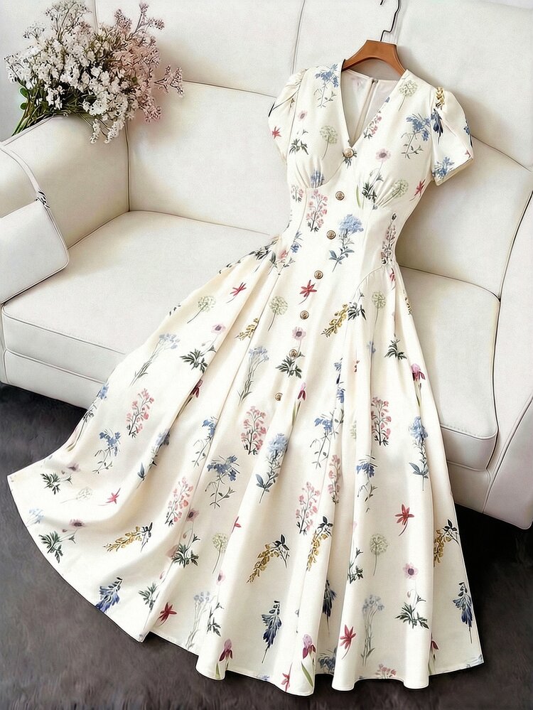 DreamSkyne 大码女式复古法式V领碎花短袖连衣裙 - 彩色 - 查看 6