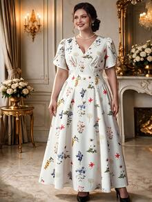DreamSkyne Plus Size Women's Vintage French Style V-Neck Ditsy Floral Short Sleeve Dress - Multicolor - View 10