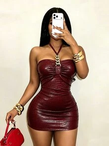 BamGleam Women's Sexy Solid Color Crocodile Embossed Metal Chain Halter Neck Dress - Burgundy - View 5