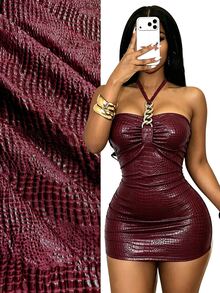 BamGleam Women's Sexy Solid Color Crocodile Embossed Metal Chain Halter Neck Dress - Burgundy - View 2