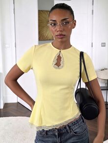 Siren Gaze Women's Contrast Lace Keyhole Neck Short Sleeve Elegant Blouse - Light Yellow - View 6
