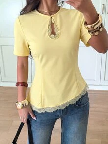Siren Gaze Women's Contrast Lace Keyhole Neck Short Sleeve Elegant Blouse - Light Yellow - View 7