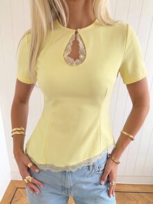 Siren Gaze Women's Contrast Lace Keyhole Neck Short Sleeve Elegant Blouse - Light Yellow - View 5