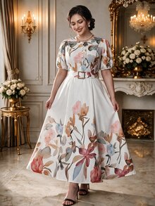 Rometta Women's Elegant Floral Print Long Sleeve Dress With Waist Metal Buckle Decor, Suitable For Spring And Autumn - Multicolor - View 1