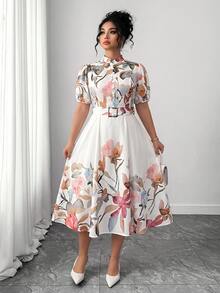 Rometta Women's Elegant Floral Print Long Sleeve Dress With Waist Metal Buckle Decor, Suitable For Spring And Autumn - Multicolor - View 7