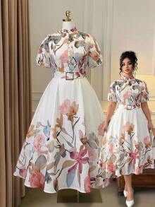 Rometta Women's Elegant Floral Print Long Sleeve Dress With Waist Metal Buckle Decor, Suitable For Spring And Autumn - Multicolor - View 3
