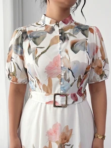 Rometta Women's Elegant Floral Print Long Sleeve Dress With Waist Metal Buckle Decor, Suitable For Spring And Autumn - Multicolor - View 6