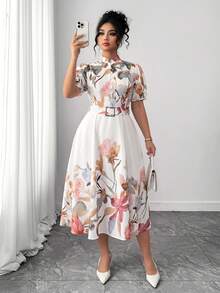 Rometta Women's Elegant Floral Print Long Sleeve Dress With Waist Metal Buckle Decor, Suitable For Spring And Autumn - Multicolor - View 5