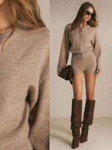Poéselle Women's Taupe Knit Two-Piece Set – Relaxed Button-Front Cardigan And High-Waisted Mini Shorts Matching Co-Ord Women Fall/Winter Sets Brown Sweater Set - Grey - View 2