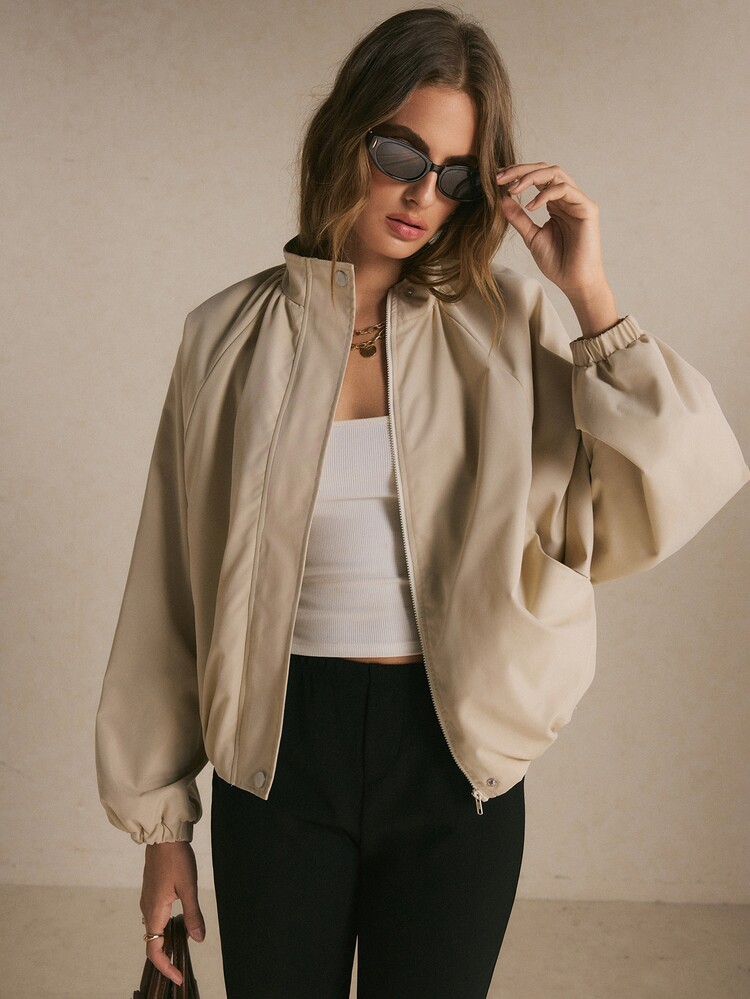 Poéselle Women's Beige Oversized Bomber Jacket – Lightweight Zip-Front Funnel-Neck Jacket With Raglan Sleeve Sleeves And Elastic Cuffs Women Fall Winter Jacket Chic - Apricot - View 2