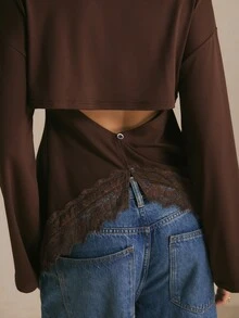 Poéselle Women's Chocolate Brown Open-Back T-Shirt – Layered-Look Long-Sleeve Top With Button-Back Detail, Lace-Trim Hem And Relaxed Fit Fall/Winter Going Out - Brown - View 5