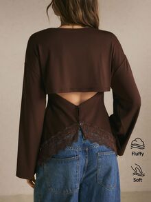 Poéselle Women's Chocolate Brown Open-Back T-Shirt – Layered-Look Long-Sleeve Top With Button-Back Detail, Lace-Trim Hem And Relaxed Fit Fall/Winter Going Out - Brown - View 2