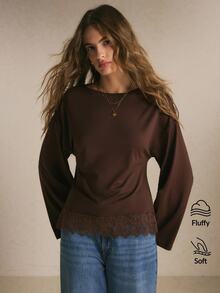 Poéselle Women's Chocolate Brown Open-Back T-Shirt – Layered-Look Long-Sleeve Top With Button-Back Detail, Lace-Trim Hem And Relaxed Fit Fall/Winter Going Out - Brown - View 1