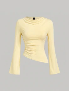 SHEIN MOD Women's 2pcs Burgundy & Apricot Round Neck Ruched Bell Sleeve Gathered Waist Asymmetric Hem Versatile Long Sleeve T-Shirt Base Layer - Yellow - View 7
