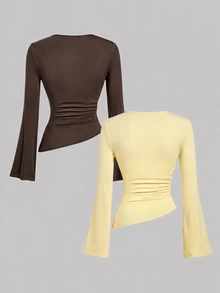 SHEIN MOD Women's 2pcs Burgundy & Apricot Round Neck Ruched Bell Sleeve Gathered Waist Asymmetric Hem Versatile Long Sleeve T-Shirt Base Layer - Yellow - View 2