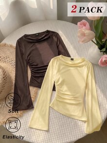 SHEIN MOD Women's 2pcs Burgundy & Apricot Round Neck Ruched Bell Sleeve Gathered Waist Asymmetric Hem Versatile Long Sleeve T-Shirt Base Layer - Yellow - View 1