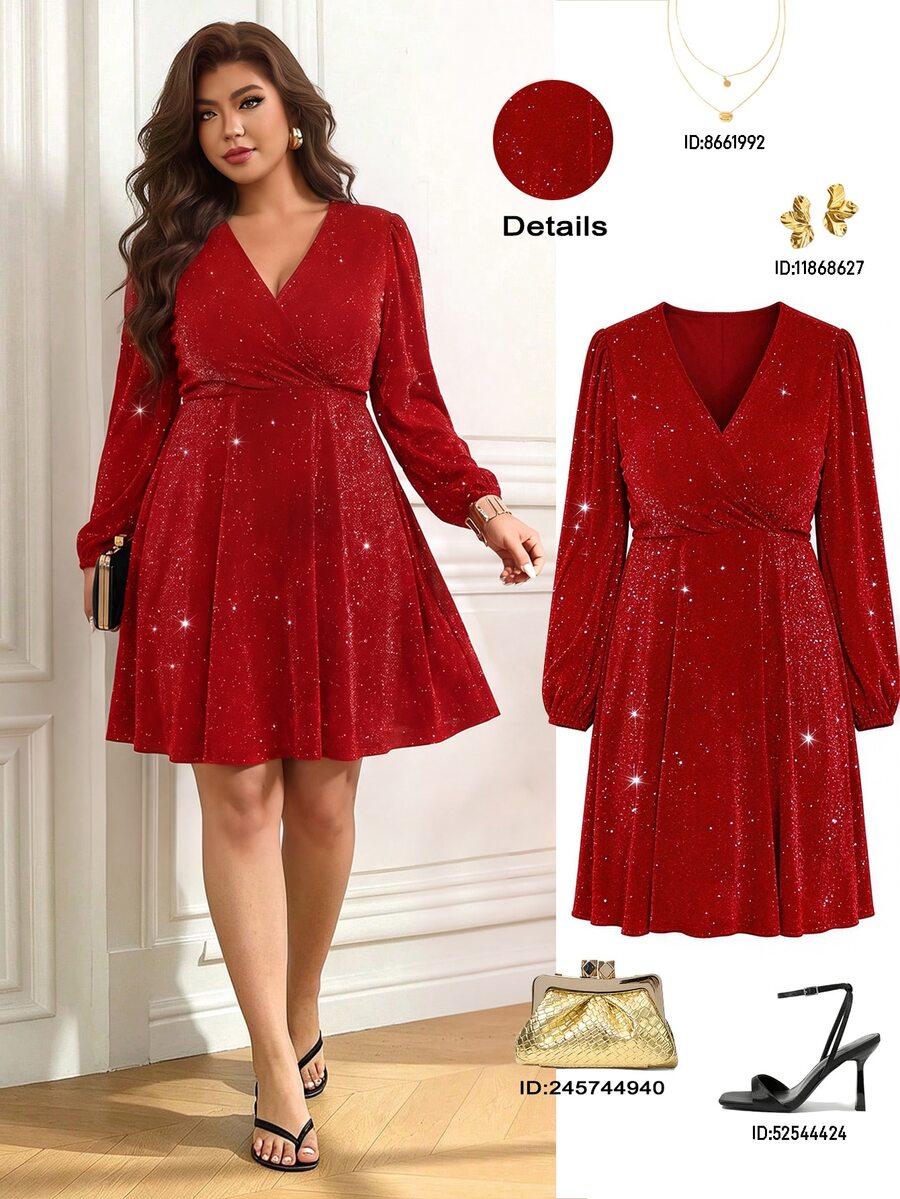 Femmeverse Plus Size Women's Glittery Wrap Dress For New Year Fall Cloth For Women - Red - View 1