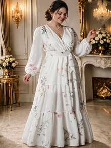 Rometta Plus Size White Floral Print V Neck Long Flare Sleeve Bohemian A Line Spring Dress - White - View 10