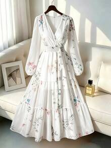 Rometta Plus Size White Floral Print V Neck Long Flare Sleeve Bohemian A Line Spring Dress - White - View 3