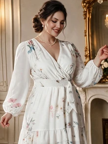 Rometta Plus Size White Floral Print V Neck Long Flare Sleeve Bohemian A Line Spring Dress - White - View 1