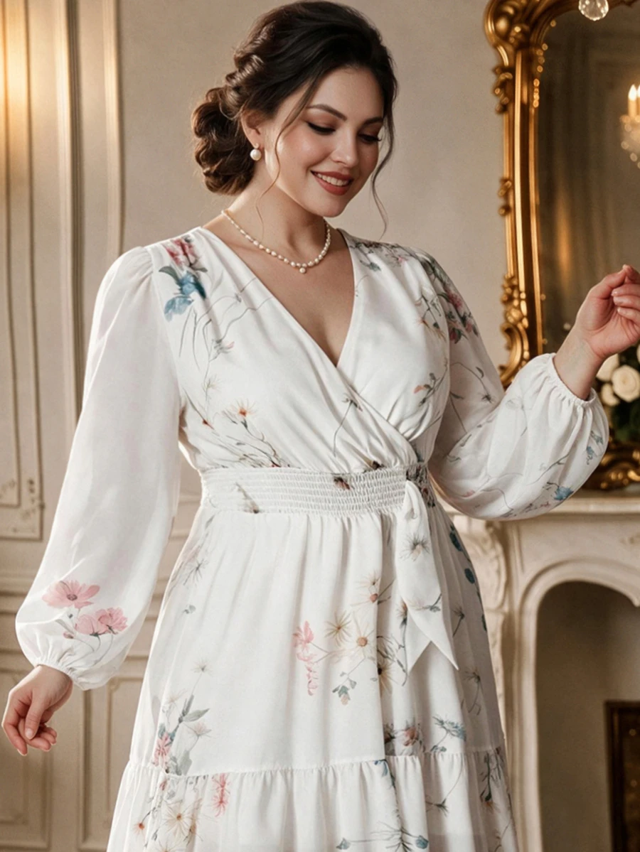Rometta Plus Size White Floral Print V Neck Long Flare Sleeve Bohemian A Line Spring Dress - White - View 1