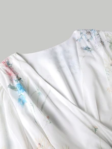 Rometta Plus Size White Floral Print V Neck Long Flare Sleeve Bohemian A Line Spring Dress - White - View 8
