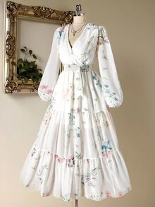Rometta Plus Size White Floral Print V Neck Long Flare Sleeve Bohemian A Line Spring Dress - White - View 4