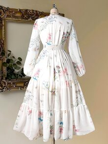 Rometta Plus Size White Floral Print V Neck Long Flare Sleeve Bohemian A Line Spring Dress - White - View 2