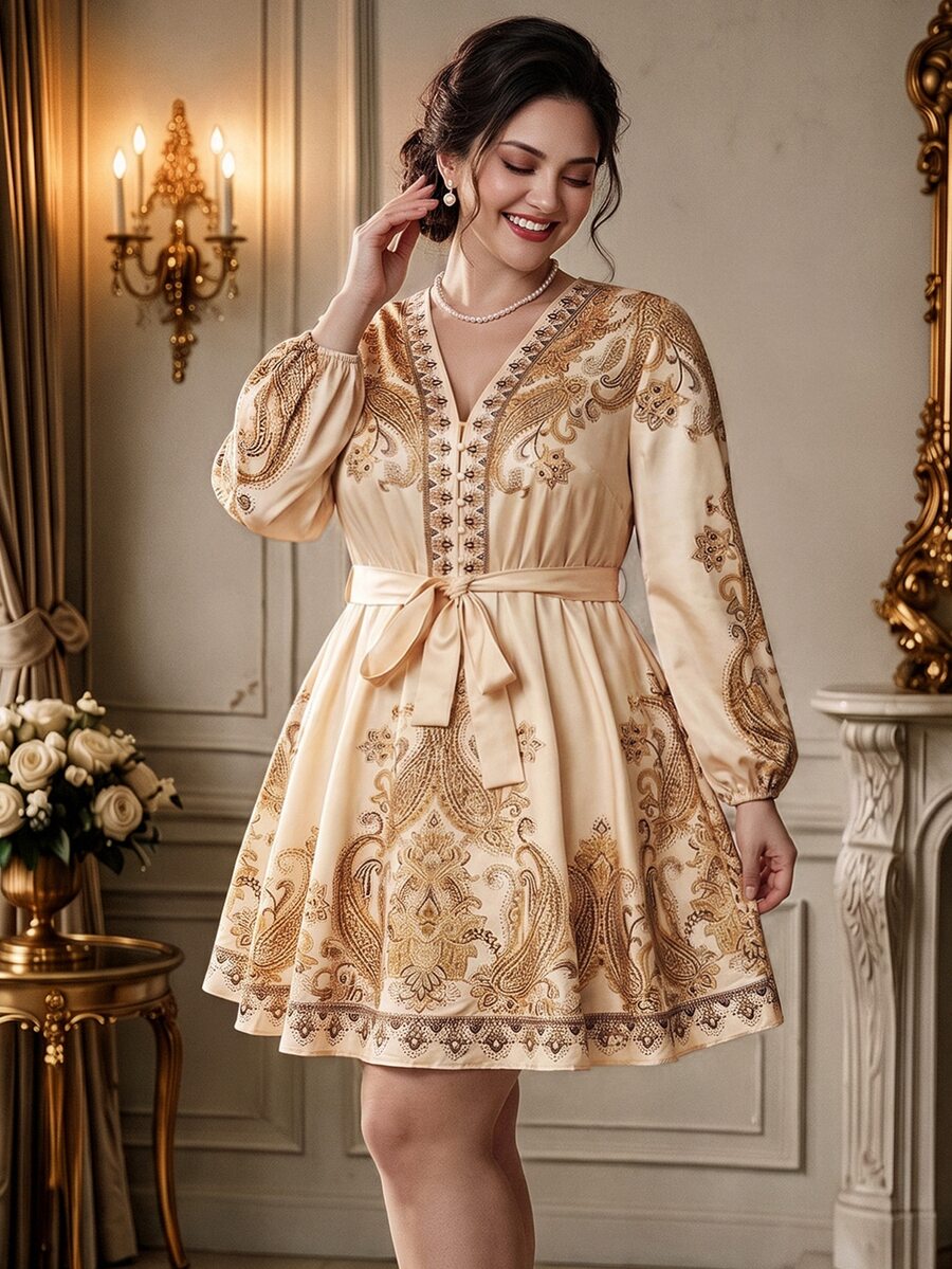 Rometta Court Retro Plus Size Women Elegant V-Neck Lantern Sleeve A-Line Dress With Cinched Waist Waist & Printed Pattern Fall Cloth For Women - Apricot - View 1