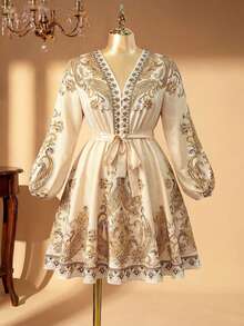 Rometta Court Retro  Plus Size Women Elegant V-Neck Lantern Sleeve A-Line Dress With Cinched Waist Waist & Printed Pattern Fall Cloth For Women - Apricot - View 4