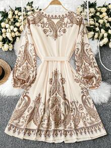 Rometta Court Retro  Plus Size Women Elegant V-Neck Lantern Sleeve A-Line Dress With Cinched Waist Waist & Printed Pattern Fall Cloth For Women - Apricot - View 2