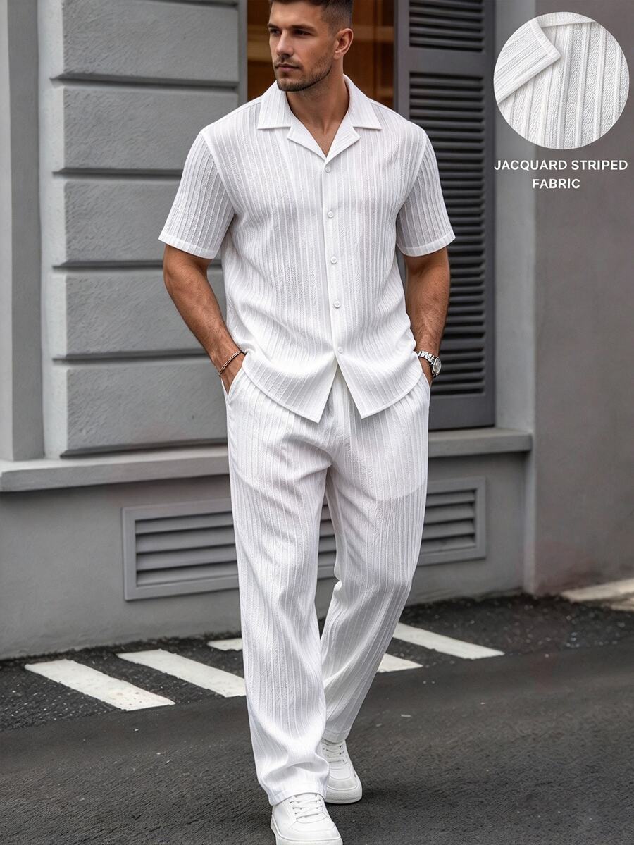 Manfinity Homme Men's 2 Pieces Set, White Vertical Striped Pleated Cuban Collar Short Sleeve Shirt + Straight Leg Pants, Regular Fit Vacation Streetwear Outfit, Suitable For Holiday And Daily Wear - White - View 1