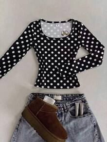 Kids Tween Girls Autumn New Knit Square Neck Casual Slim Fit Long Sleeve T-Shirt - Multicolor - View 7