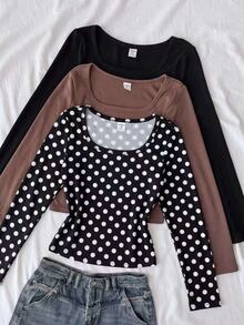 Kids Tween Girls Autumn New Knit Square Neck Casual Slim Fit Long Sleeve T-Shirt - Multicolor - View 1