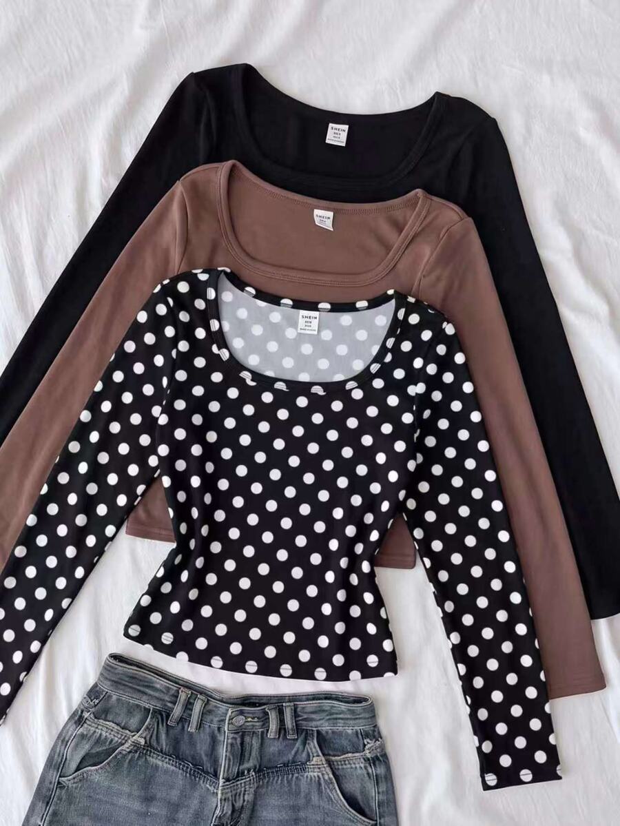 Kids Tween Girls Autumn New Knit Square Neck Casual Slim Fit Long Sleeve T-Shirt - Multicolor - View 1