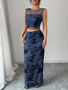 Rafferiza Women's Elegant Tie Dye Gradient Mesh Camisole Sleeveless Fitted Slit 2 Pieces Set - Navy Blue - View 3