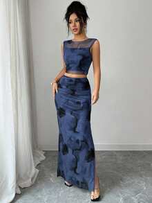 Rafferiza Women's Elegant Tie Dye Gradient Mesh Camisole Sleeveless Fitted Slit 2 Pieces Set - Navy Blue - View 5