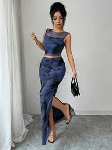 Rafferiza Women's Elegant Tie Dye Gradient Mesh Camisole Sleeveless Fitted Slit 2 Pieces Set - Navy Blue - View 6