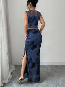 Rafferiza Women's Elegant Tie Dye Gradient Mesh Camisole Sleeveless Fitted Slit 2 Pieces Set - Navy Blue - View 2